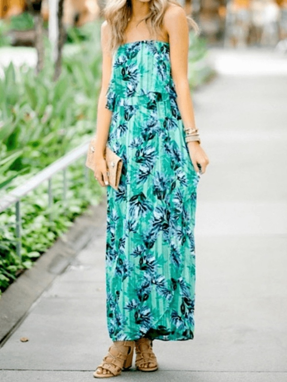 Banana Republic Green Maxi Dress with Blue Floral Print